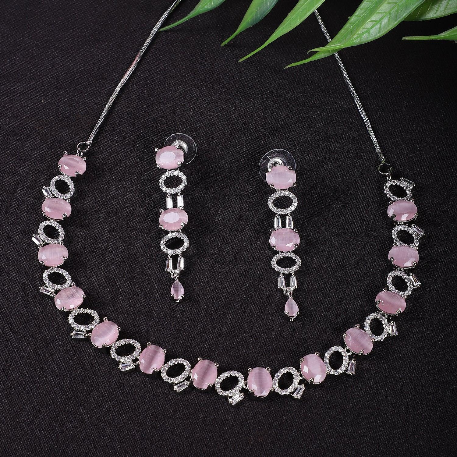 Exclusive White Pink Stone American Diamond Choker Necklace Set - Steorra Jewels