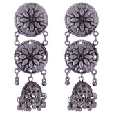 Floral Long Silver Oxidised Earrings