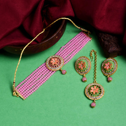 Floral Shaped Baby Pink Beads Embellished Choker Set
