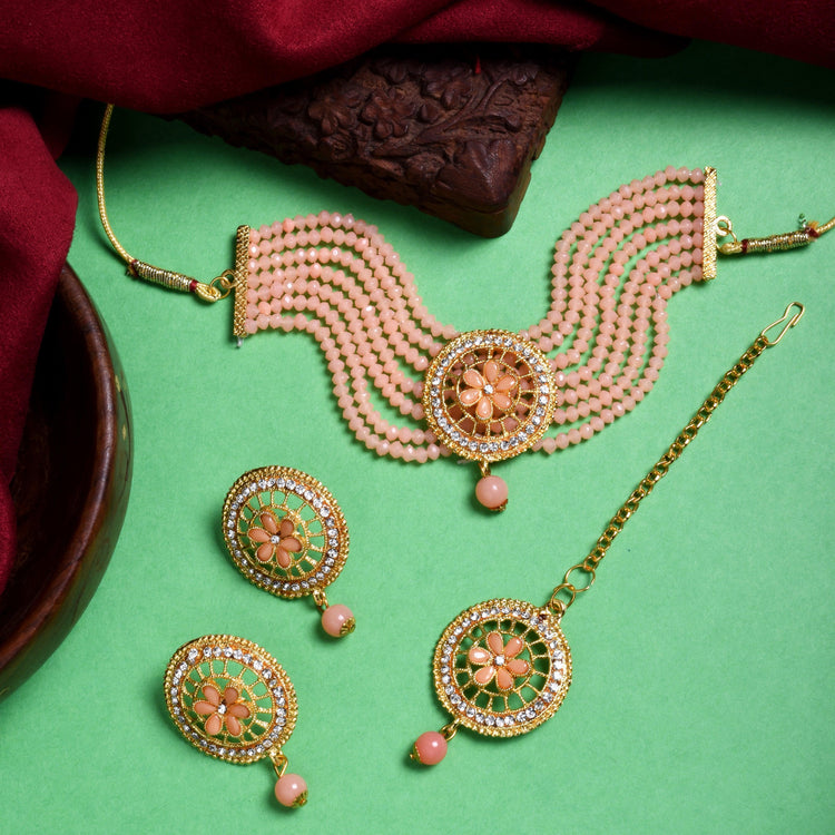 Floral Shaped Peach Beads Embellished Choker Set