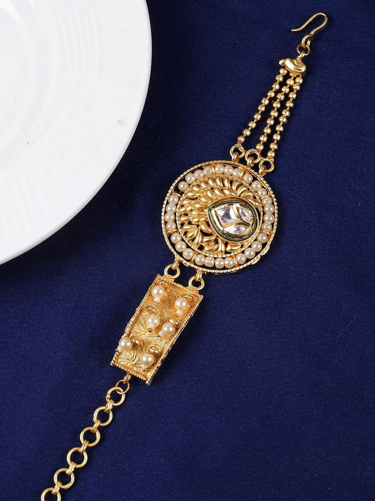 Gold Plated Kundan Pearl Chain Bracelet - Steorra Jewels