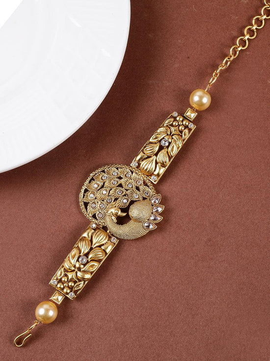 Gold Plated Peacock Design Kundan Chain Bracelet - Steorra Jewels