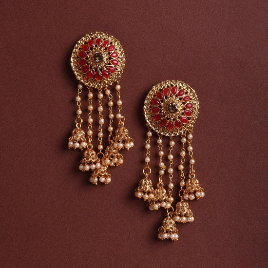 Golden Jhumki Bollywood Style Red Bahubali Earrings