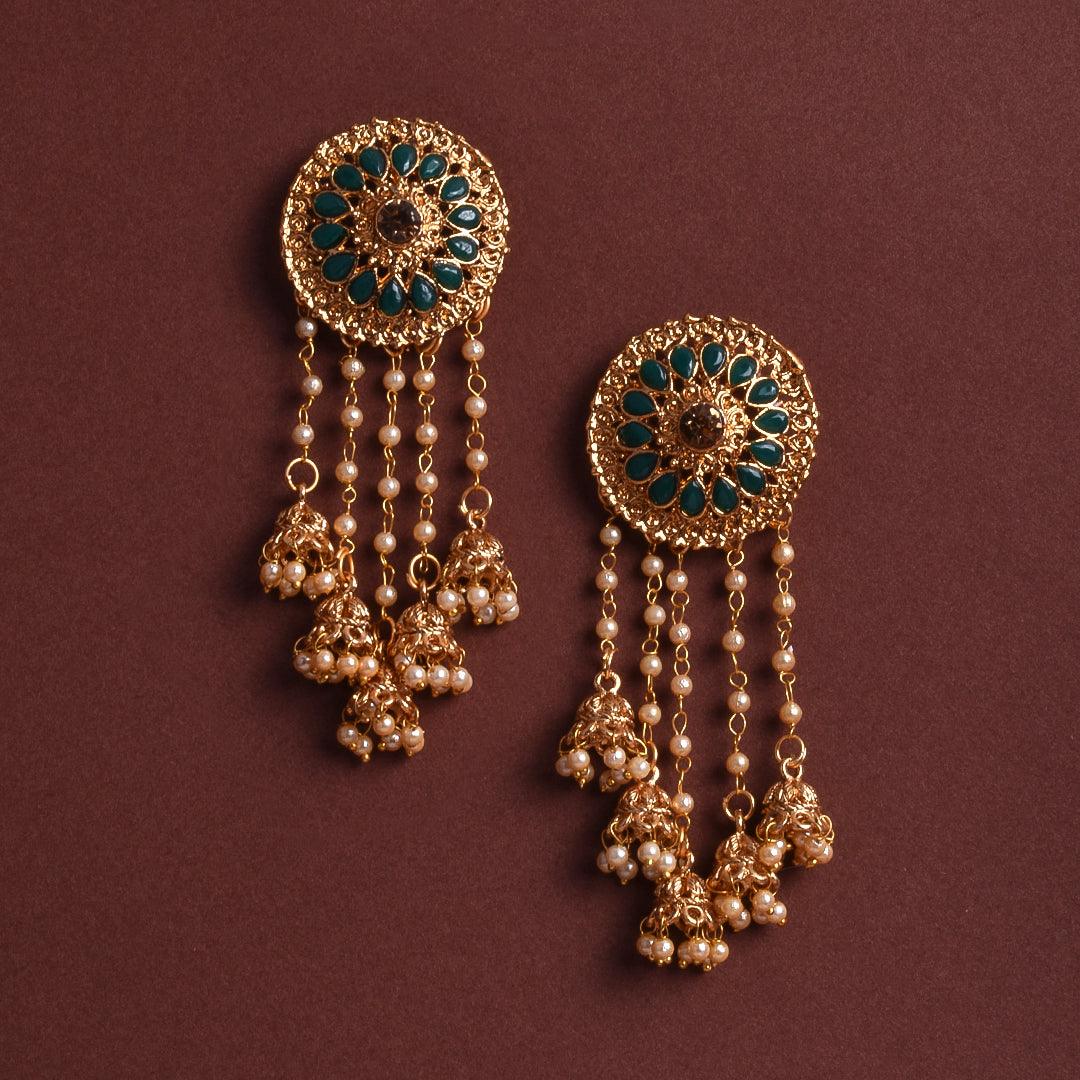 Golden Jhumki Bollywood Style Green Bahubali Earrings