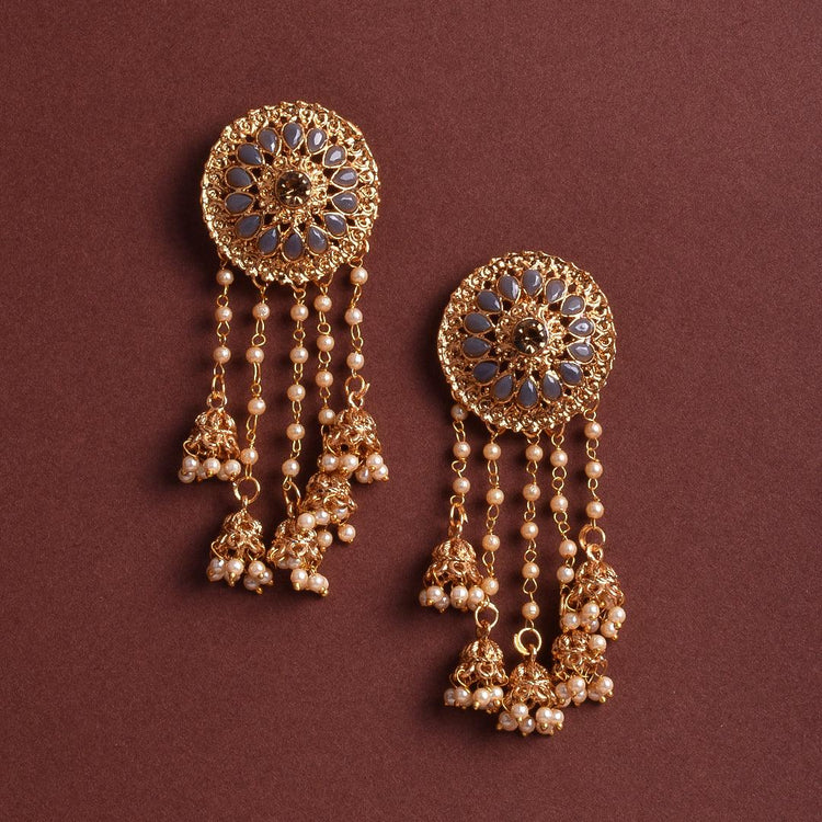 Golden Jhumki Bollywood Style Grey Bahubali Earrings