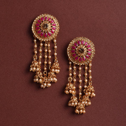Golden Jhumki Bollywood Style Pink Bahubali Earrings