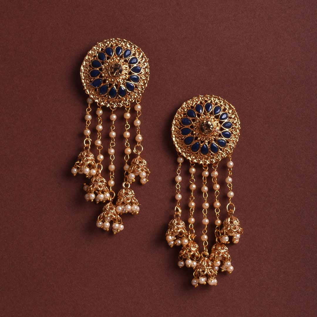 Golden Jhumki Bollywood Style Blue Bahubali Earrings