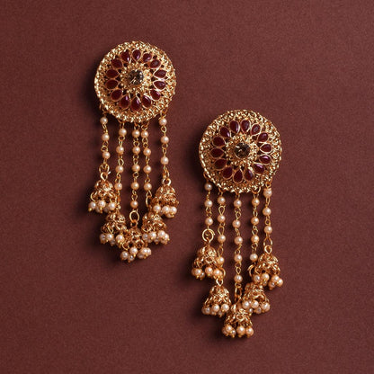 Golden Jhumki Bollywood Style Mehroon Bahubali Earrings