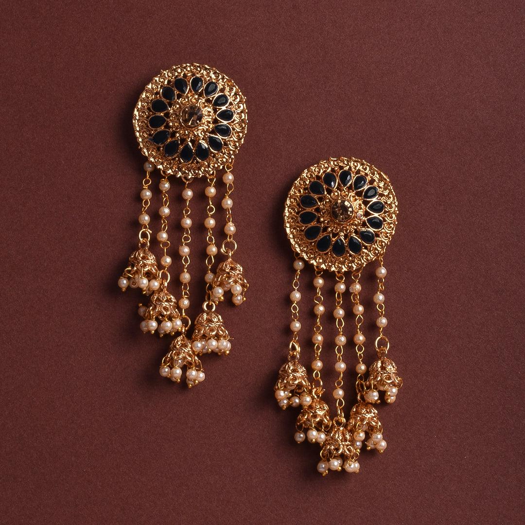 Traditional Gold Plated Floral Design Stud With Three Layered Pearls  Hanging Jhumkas Hair Chain Bahubali Earrings