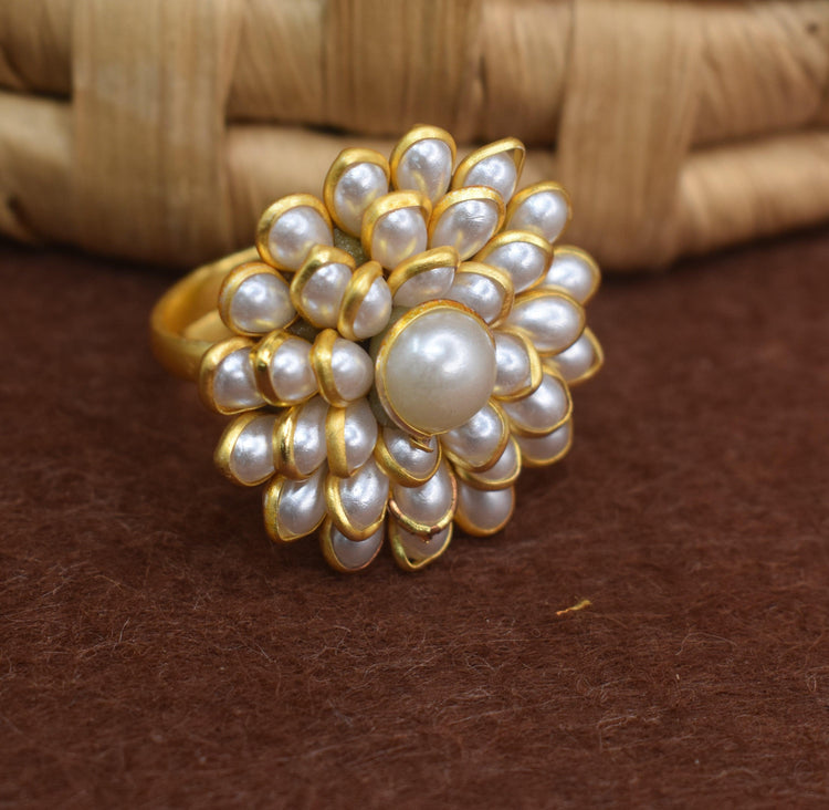 Golden Kundan White Pearl Adjustable Ring - Steorra Jewels