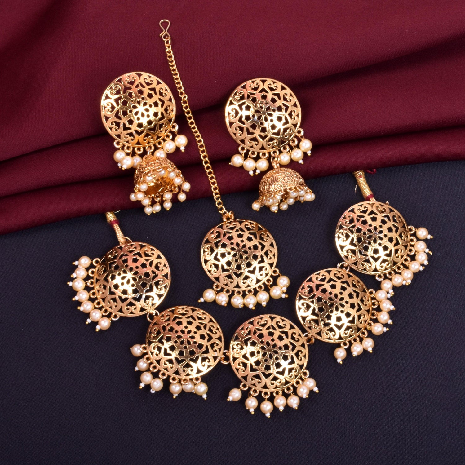 Golden Tone & Beads Jewellery Choker Necklace Set With Maang Tikka - Steorra Jewels