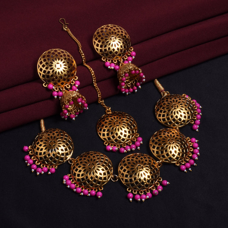 Golden Tone Pink Beads Choker Necklace Set With Maang Tikka - Steorra Jewels