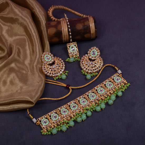 Jaipuri Style Pearl Embedded Green Choker Set