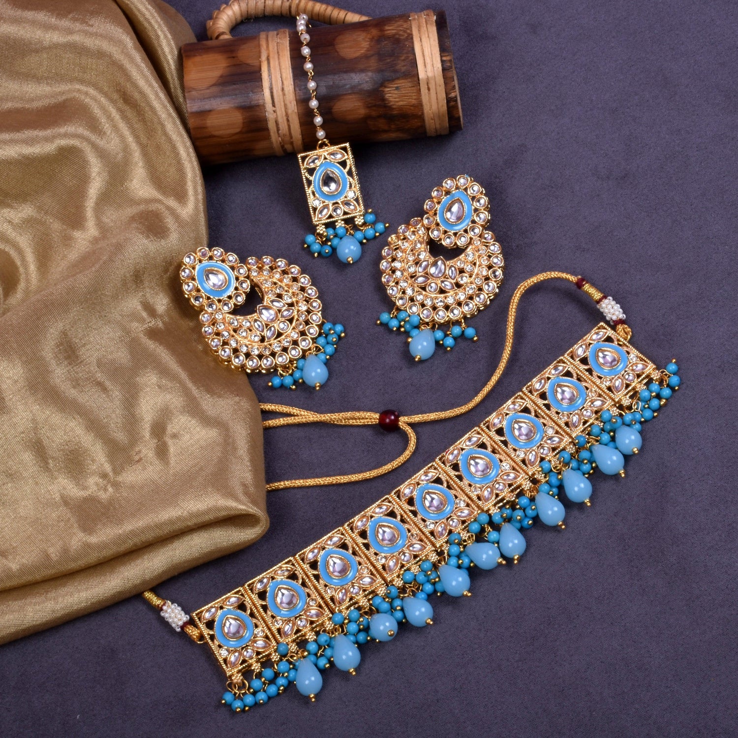 Jaipuri Style Pearl Embedded Blue Choker Set