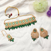 Jaipuri Style Pearl Embedded Green Choker Set