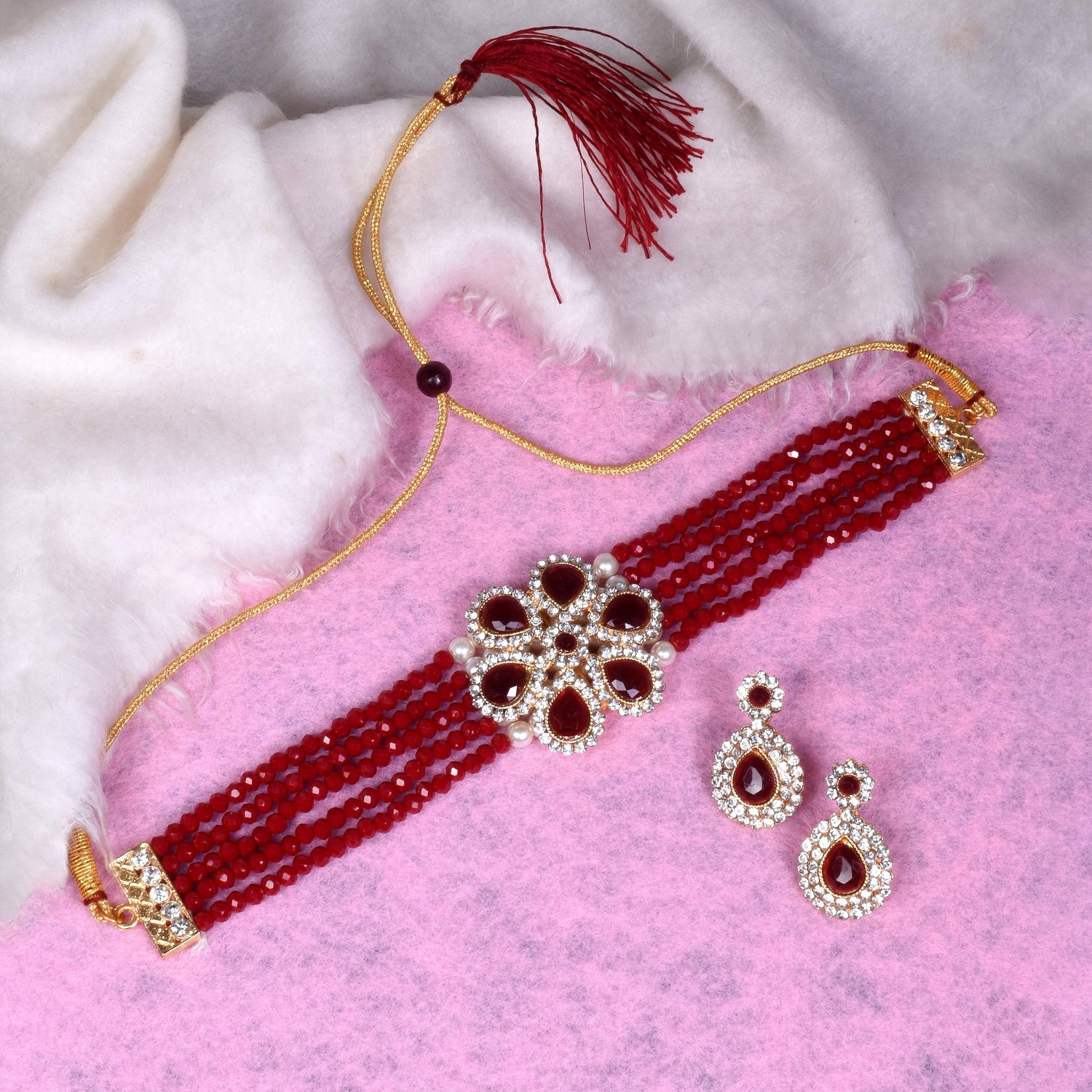 Kundan and Pink Beads Embedded Choker Set