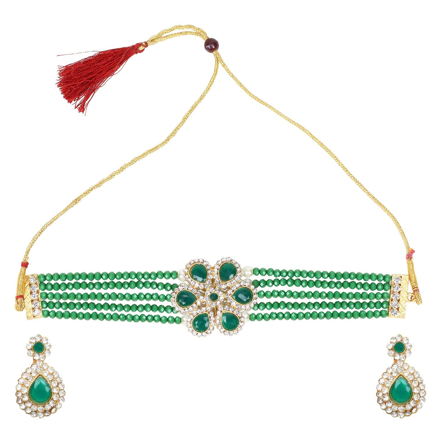 Kundan and Green Beads Choker Necklace Set for Women and Girls