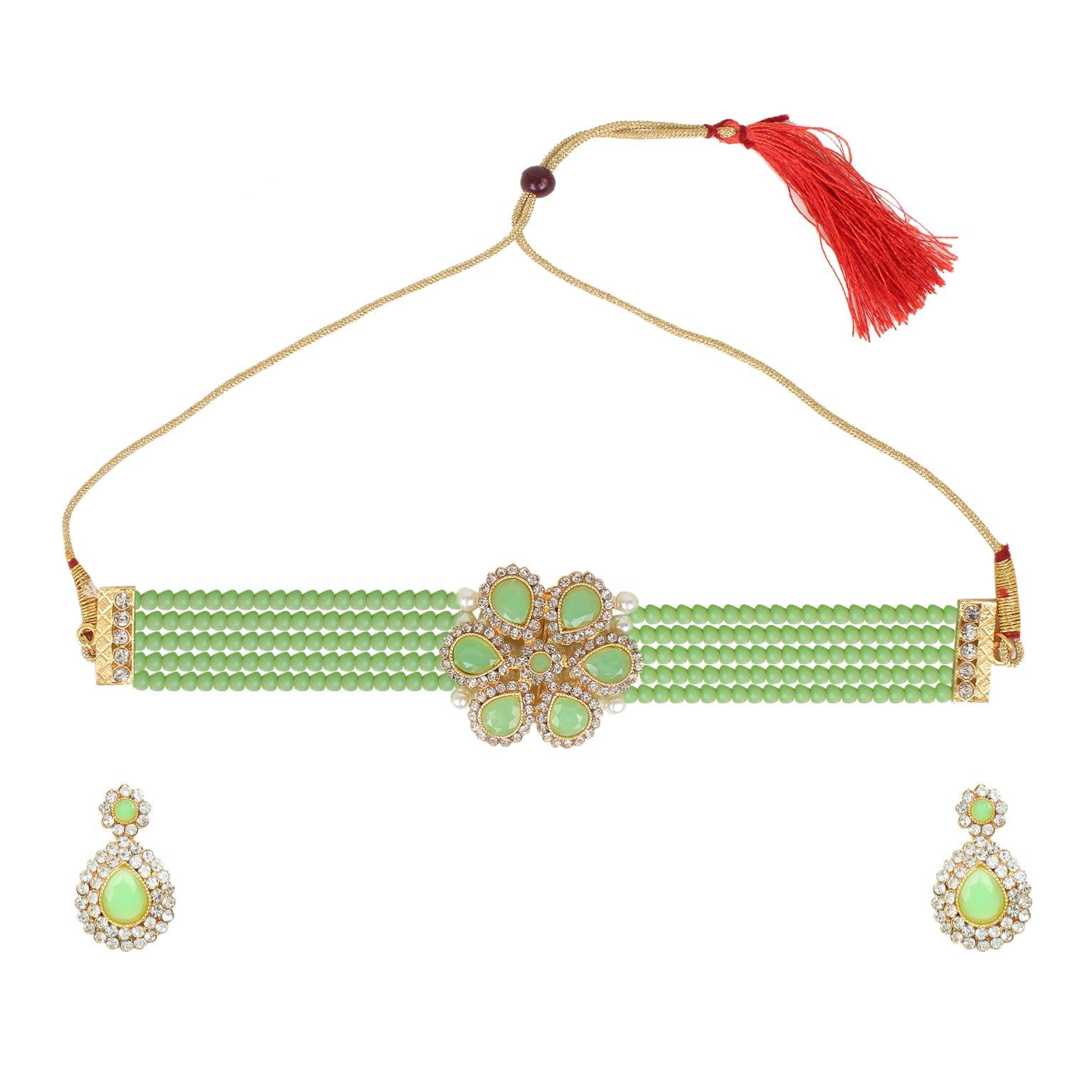 Kundan and Green Beads Choker Necklace Set for Women and Girls