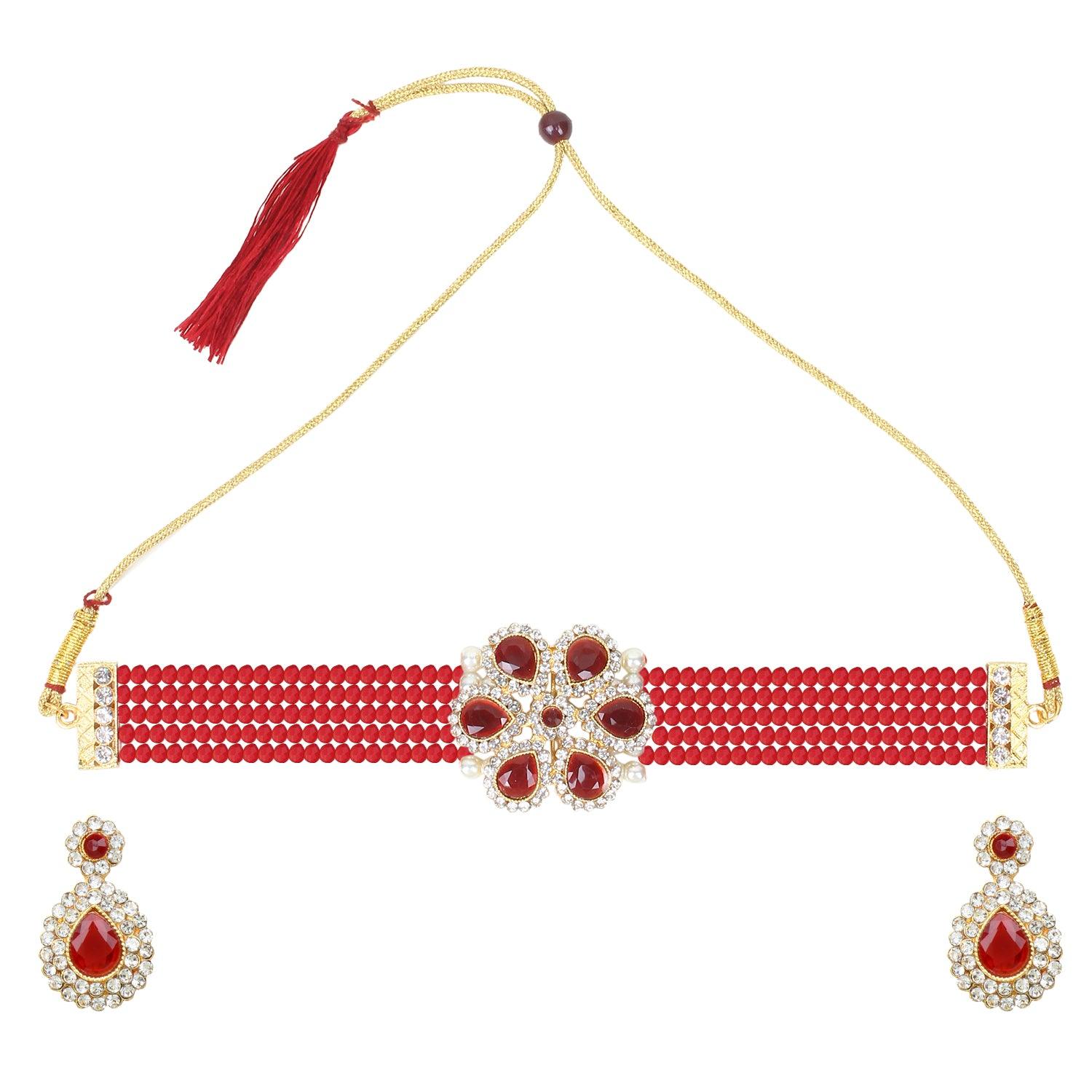 Kundan and Red Beads Choker Necklace Set for Women and Girls