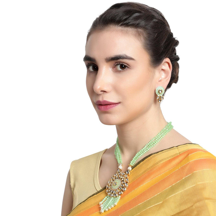 Kundan and Light Green Beads Embedded Multi-String Long Necklace Set