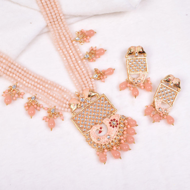 Peach-Gold Multi-String Long Ethereal Necklace Set
