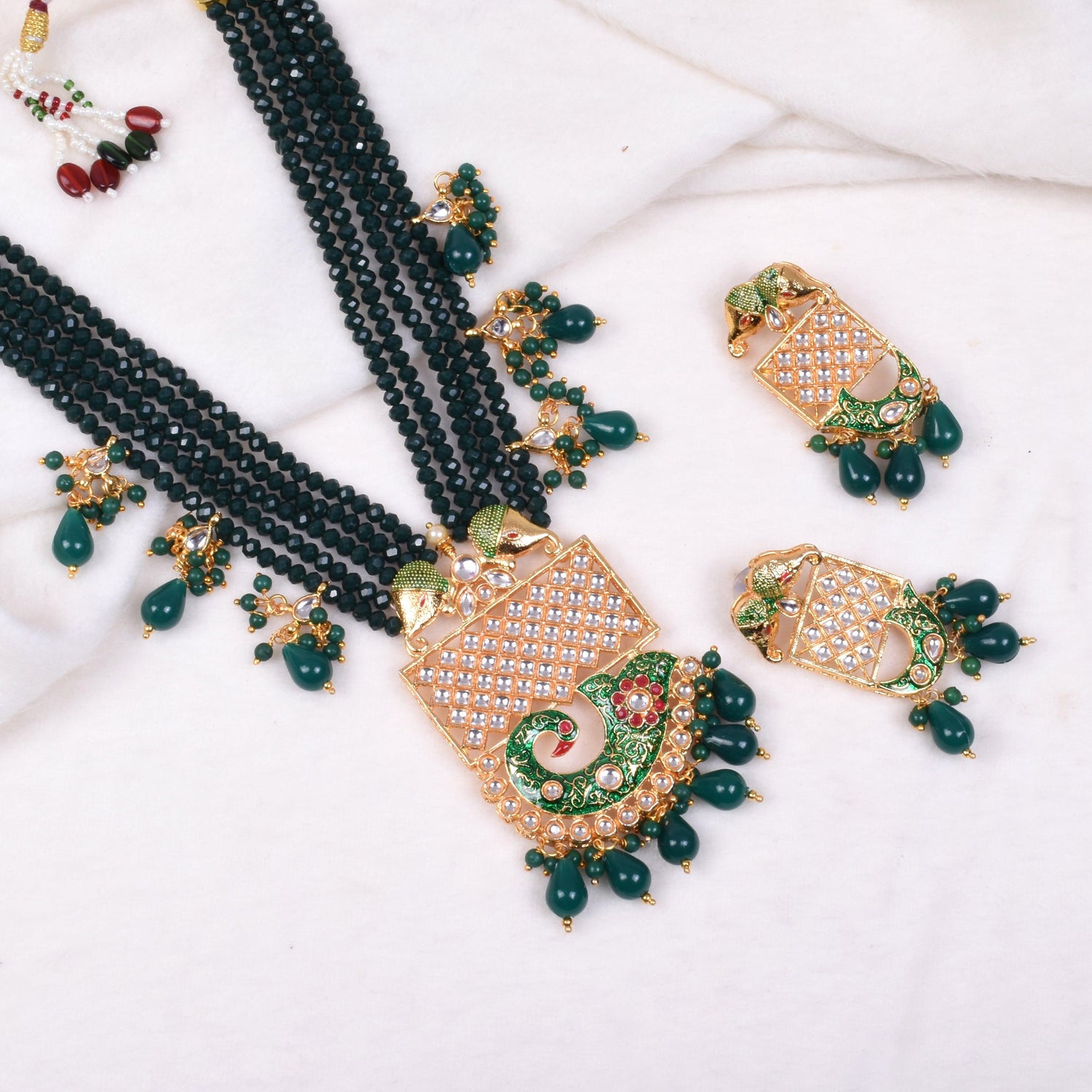 Green-Gold Multi-String Long Ethereal Necklace Set