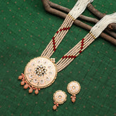 Traditional Kundan Jaipuri Peach Long Necklace Set