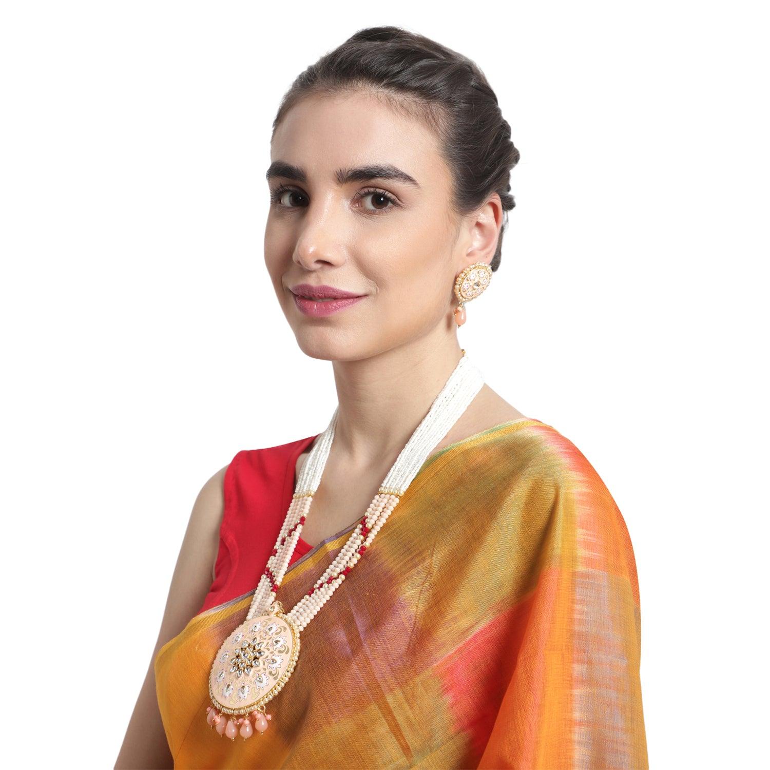Traditional Kundan Jaipuri Peach Long Necklace Set