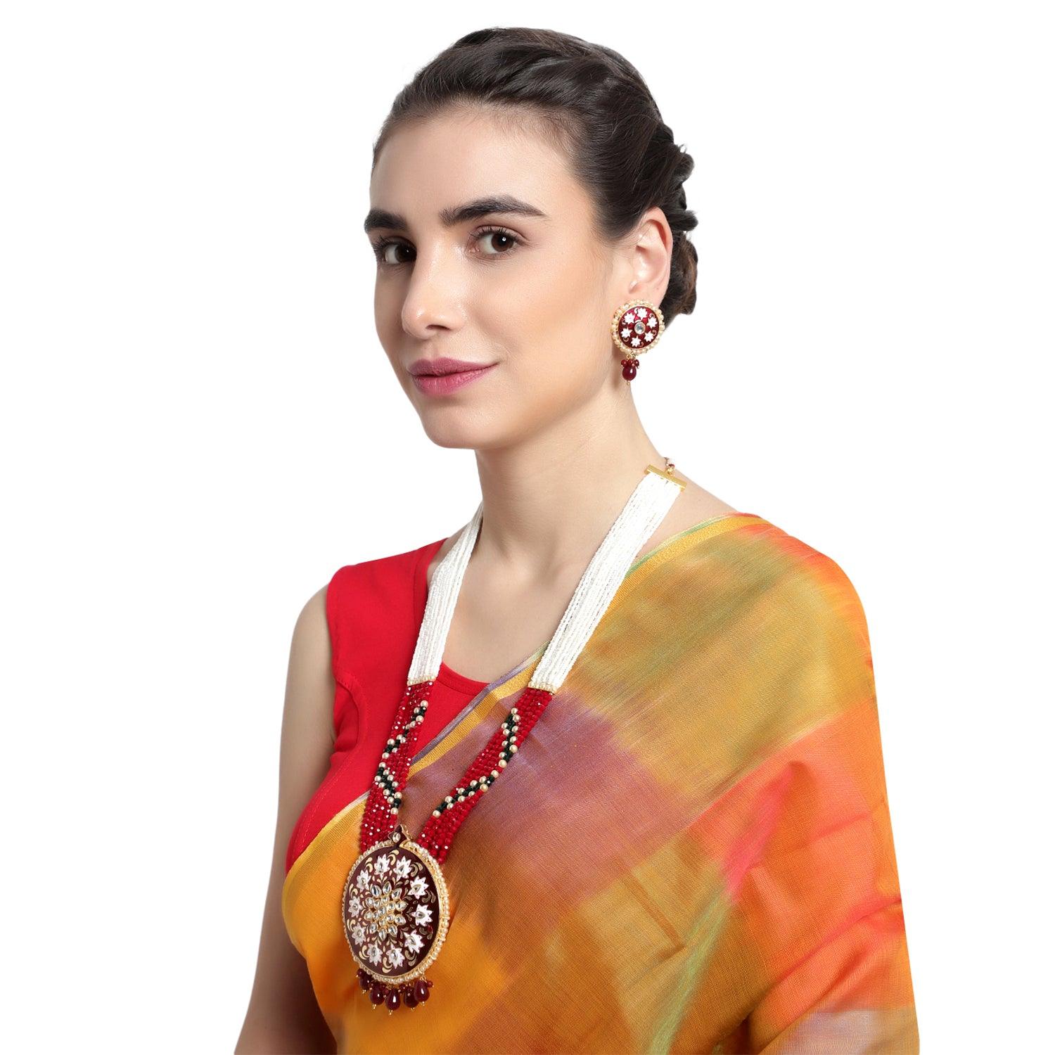 Traditional Kundan Jaipuri Red Long Necklace Set