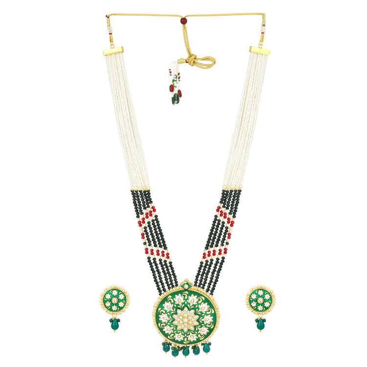 Kundan Jaipuri Green Long Necklace Set for Women