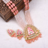 Multi-String Peach Beads Long Necklace Set