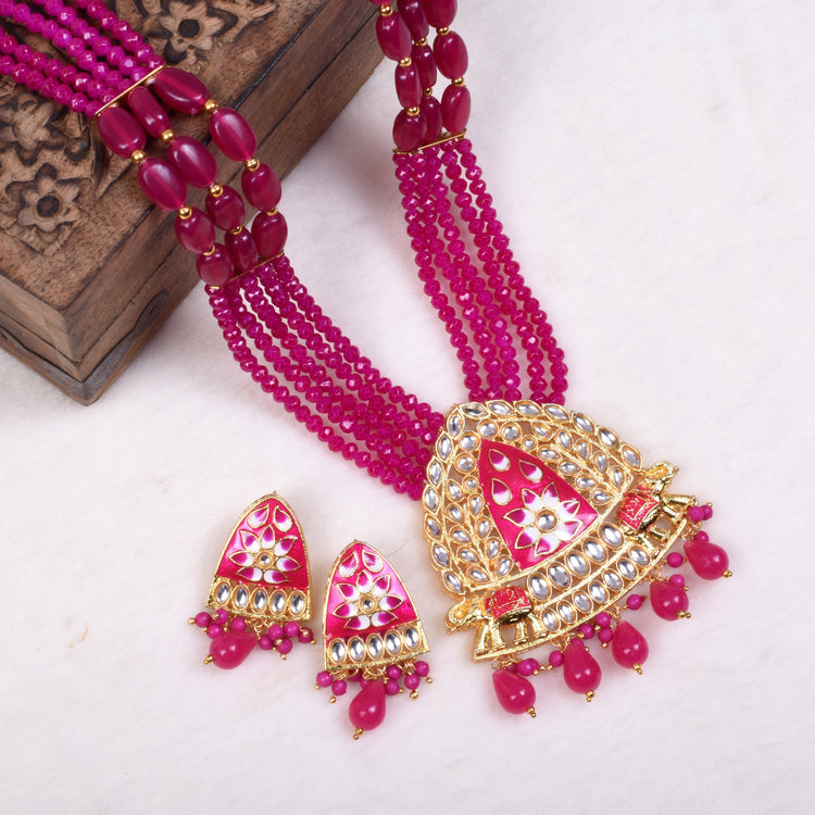 Multi-String Pink Beads Long Necklace Set