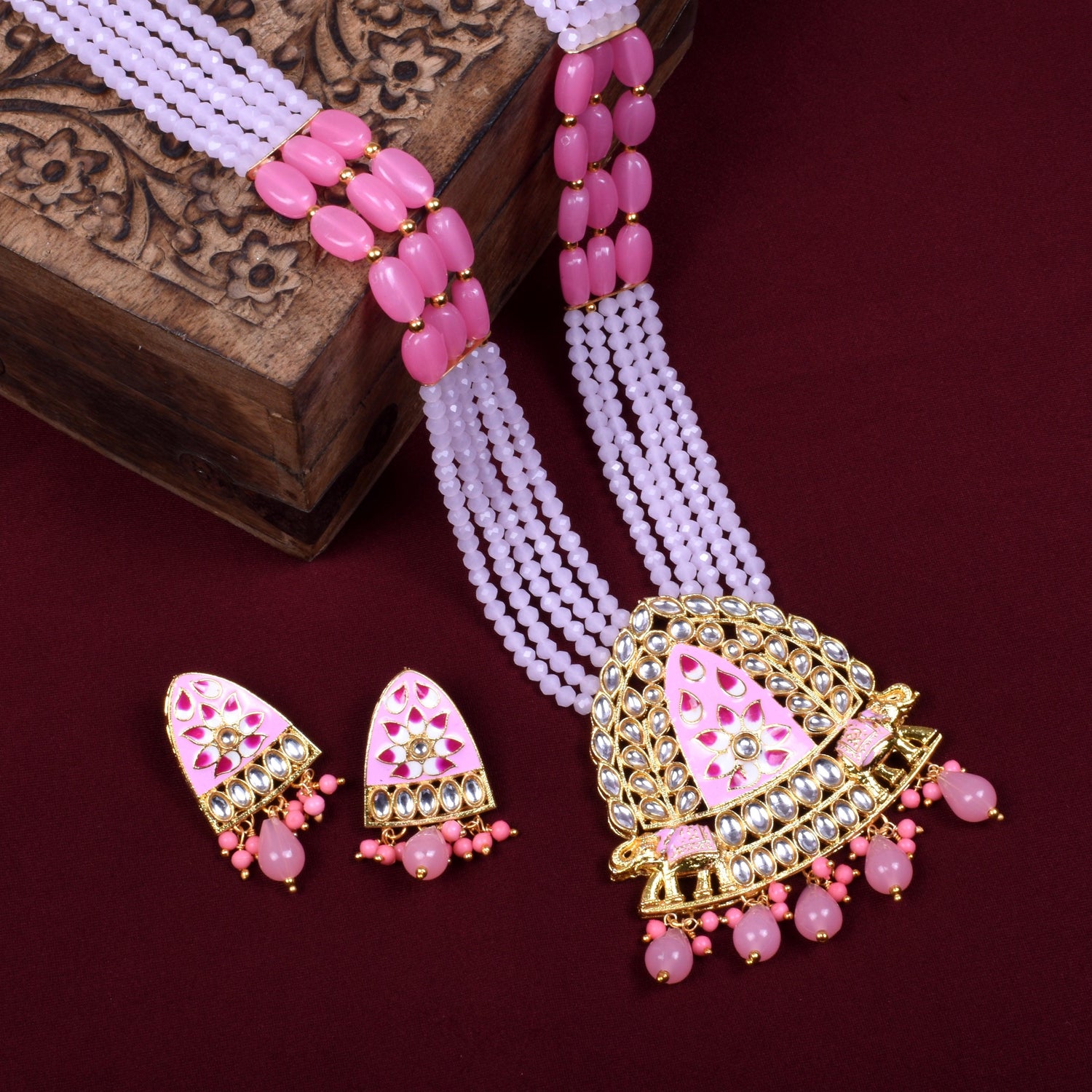 Multi-String Baby Pink Beads Long Necklace Set