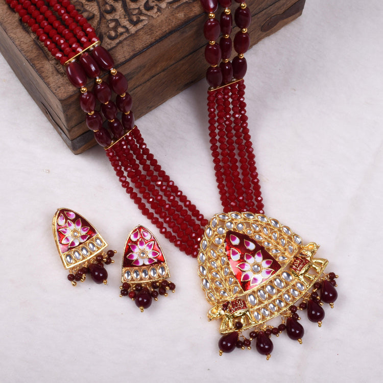 Multi-String Mehroon Beads Long Necklace Set