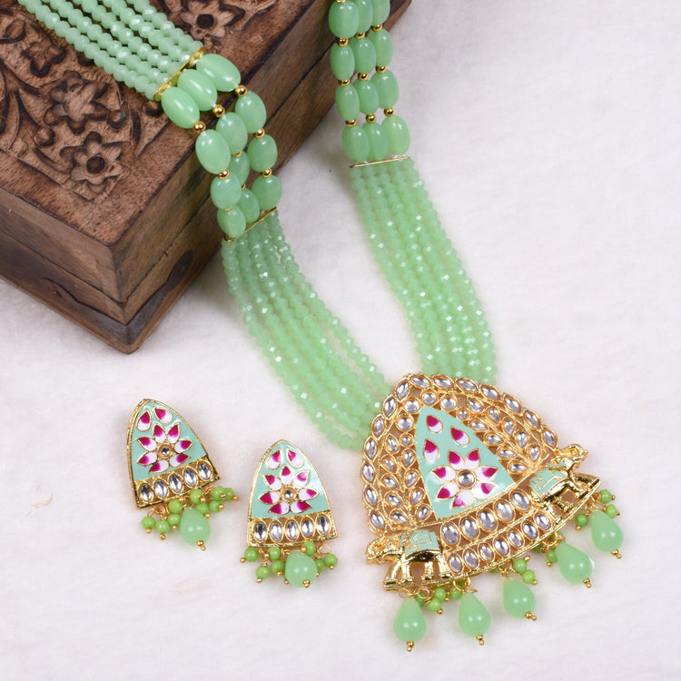 Multi-String Light Green Beads Long Necklace Set