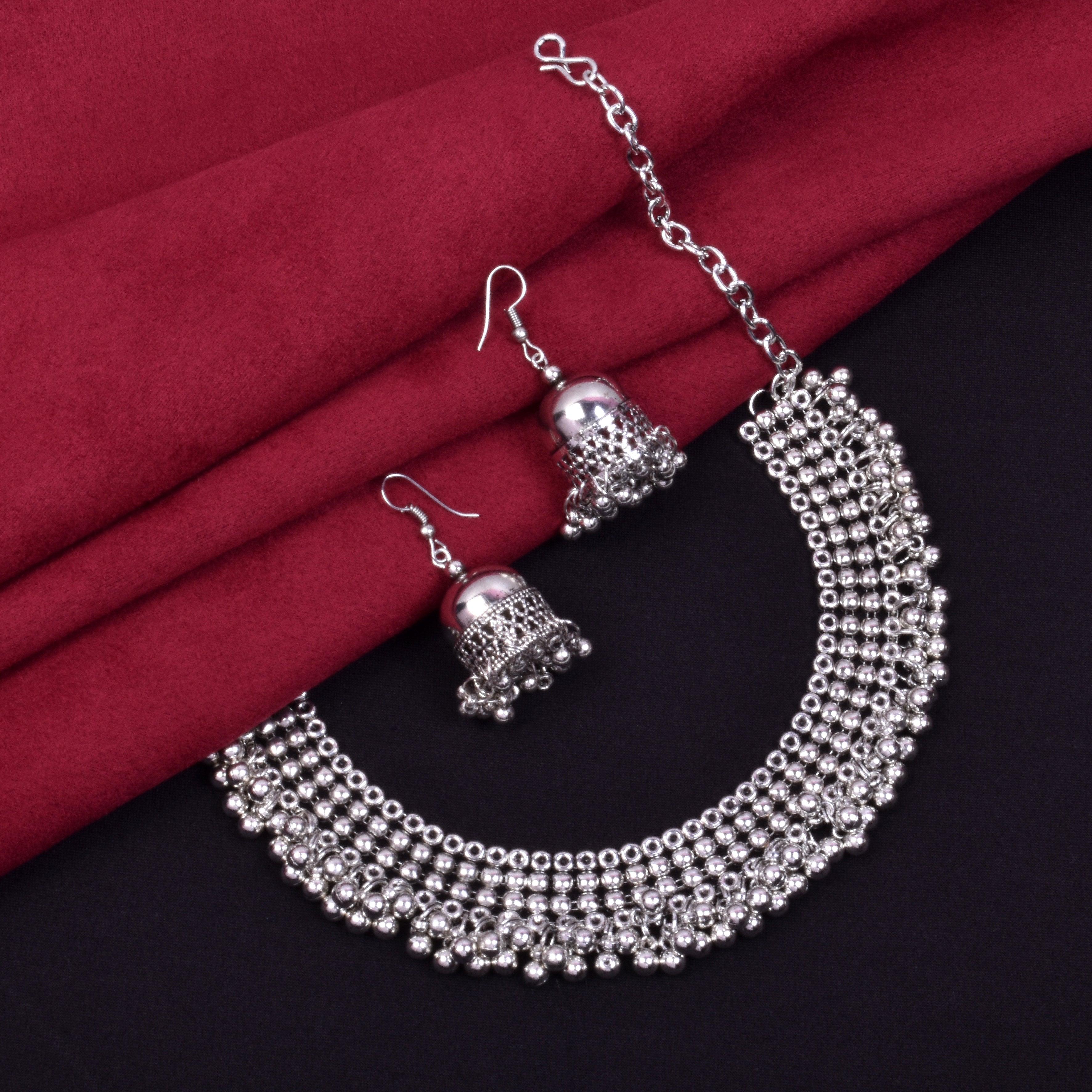 Oxidized Silver Plated Teardrop Design Black Color Artificial Stone Choker  Necklace Set