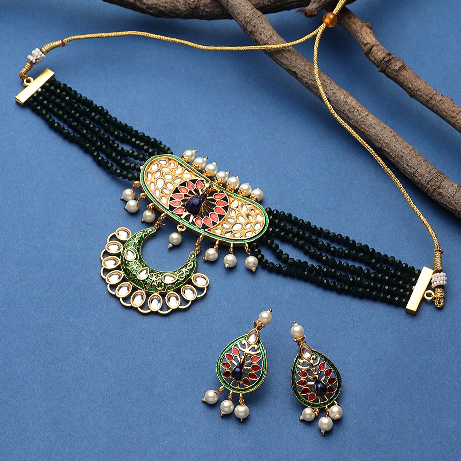 Peacock Embellished Green Jaipuri Choker Set - Steorra Jewels