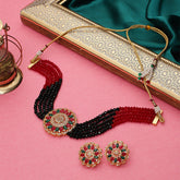 Pearl and Beads Embedded Jaipuri Black Choker Set - Steorra Jewels