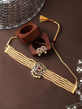 Pearl Red Golden Base Jaipuri Choker for Women's and Girls - Steorra Jewels