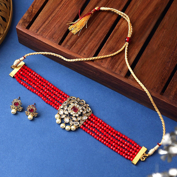 Pearl Red Golden Base Jaipuri Choker for Women's and Girls - Steorra Jewels