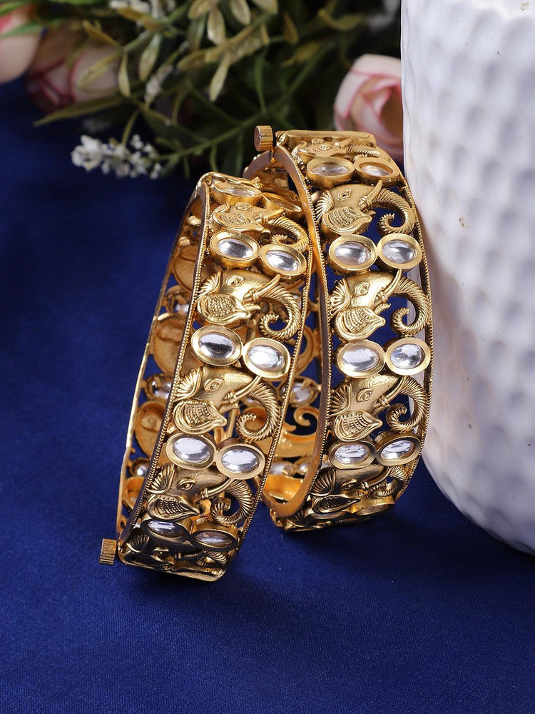 Premium Gold Plated Peacock Design Original Look Kundan Bangle Set - Steorra Jewels