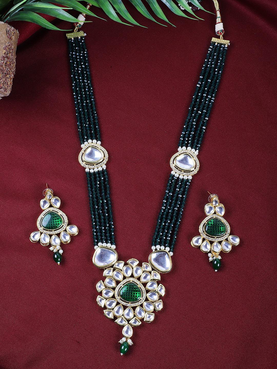 Premium Kundan Dark Green Long Necklace Set - Steorra Jewels
