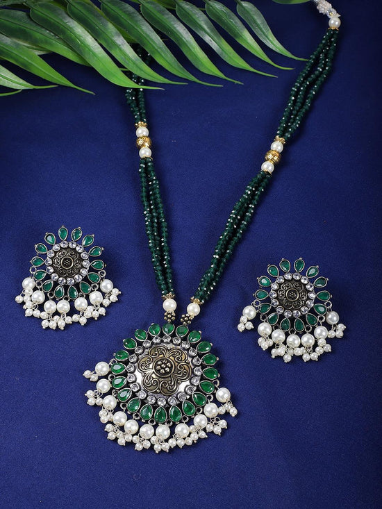 Premium Kundan Green Long Necklace Set - Steorra Jewels