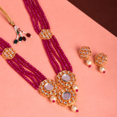 Red Beads Embedded White Crystal Long Necklace Set for Women