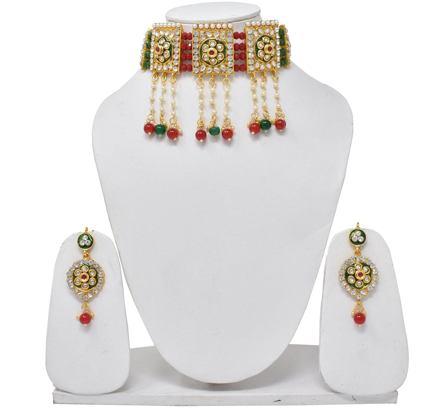 Red Green Beads Kundan Necklace Set