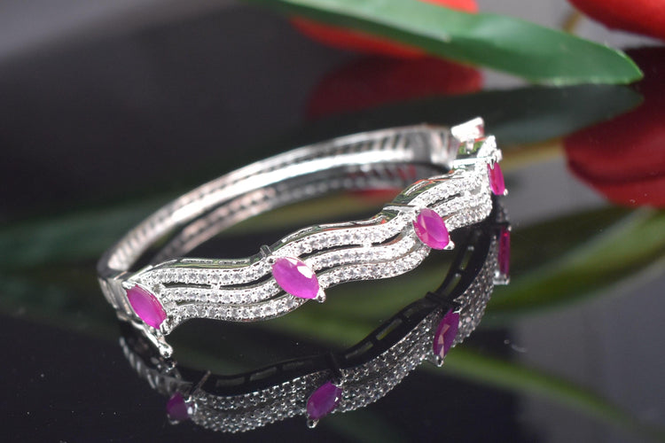 Silver Base Pink Stone American Diamond Adjustable Bracelet - Steorra Jewels