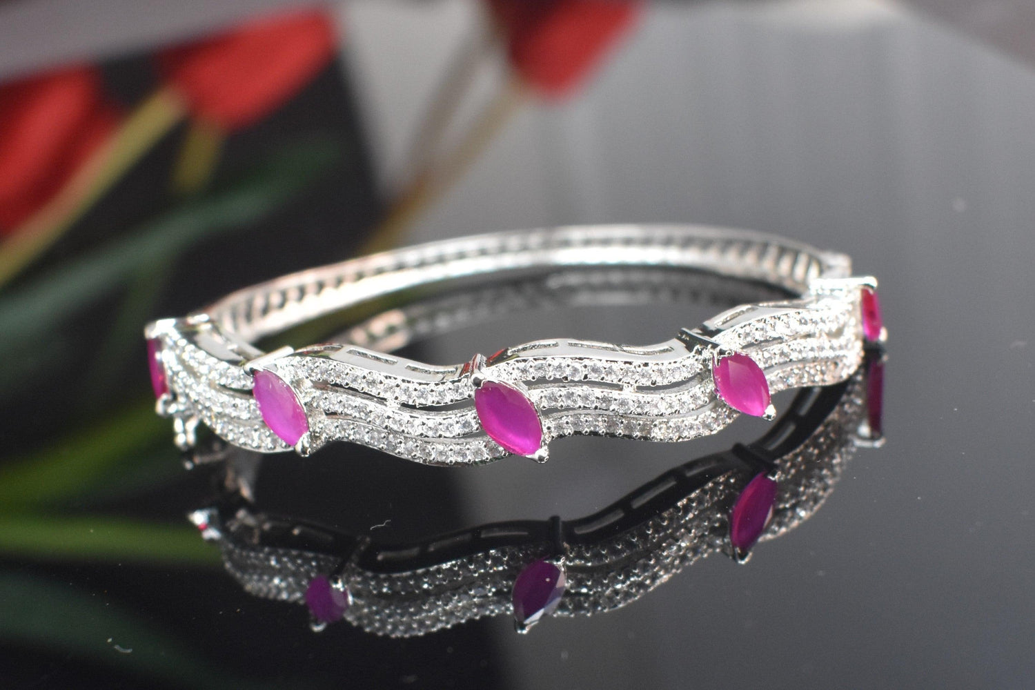 Silver Base Pink Stone American Diamond Adjustable Bracelet - Steorra Jewels