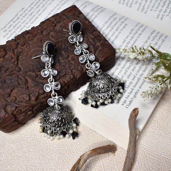 Silver Oxidized Earrings with Black Stones