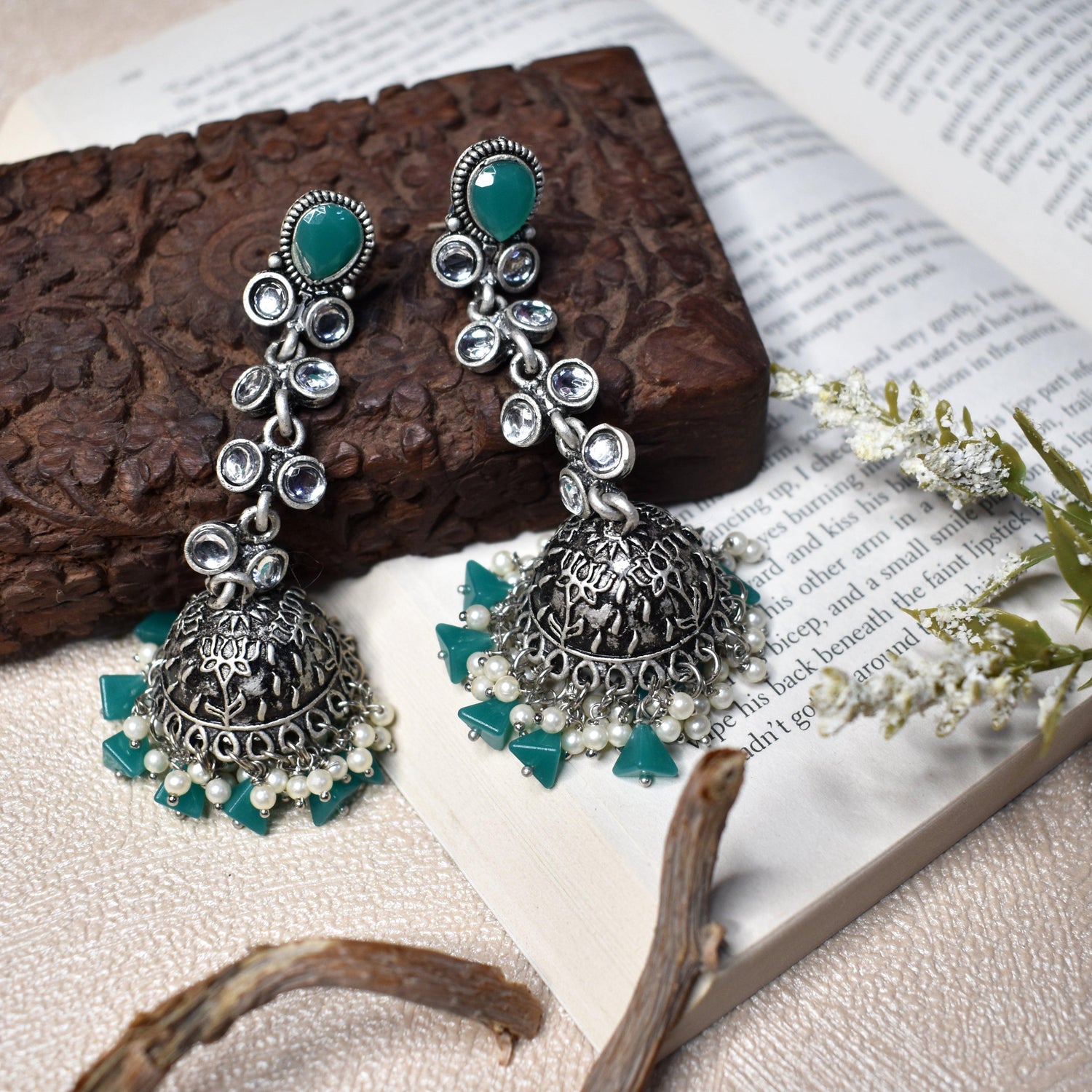 Silver Oxidized Earrings with Green Stones