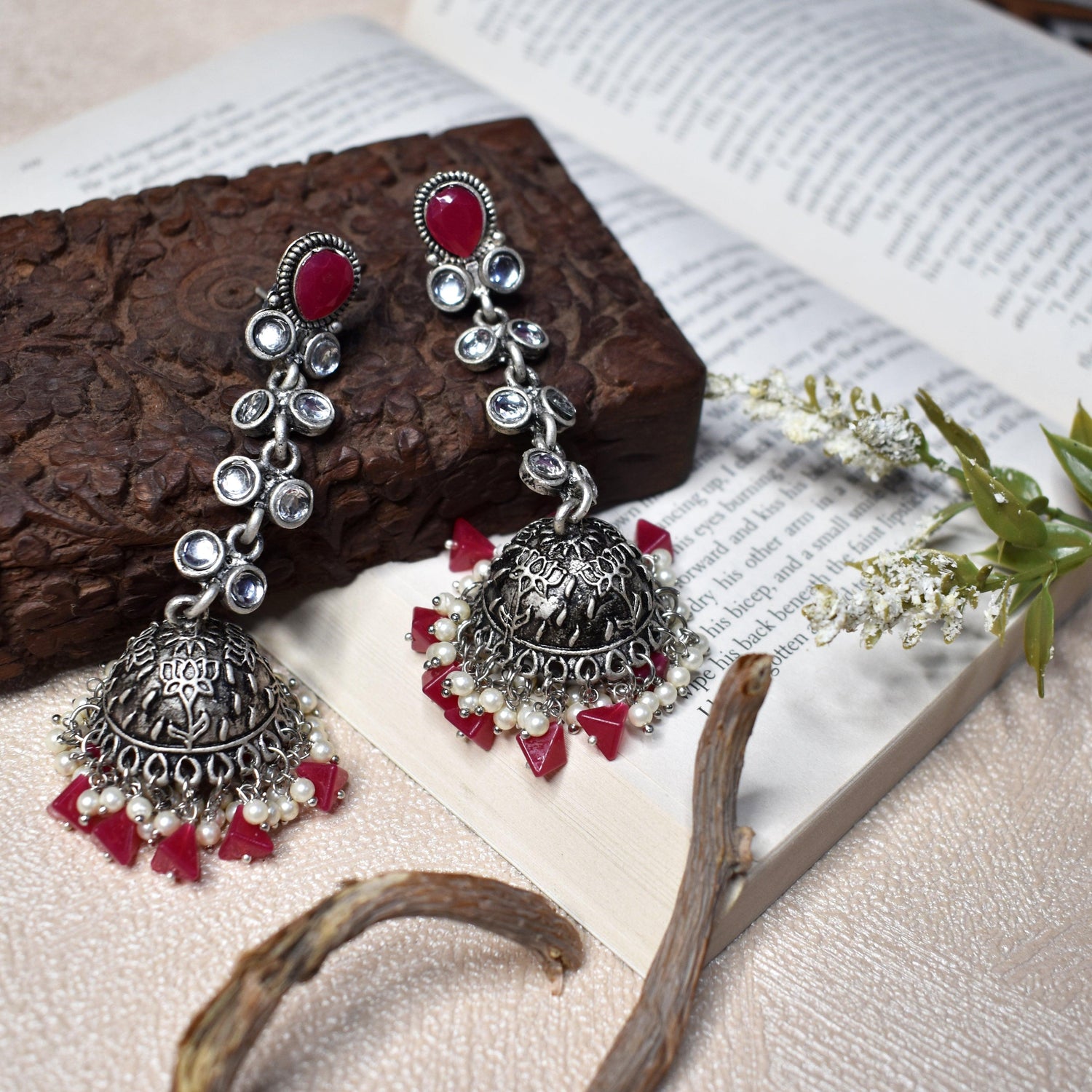Silver Oxidized Earrings with Red Stones
